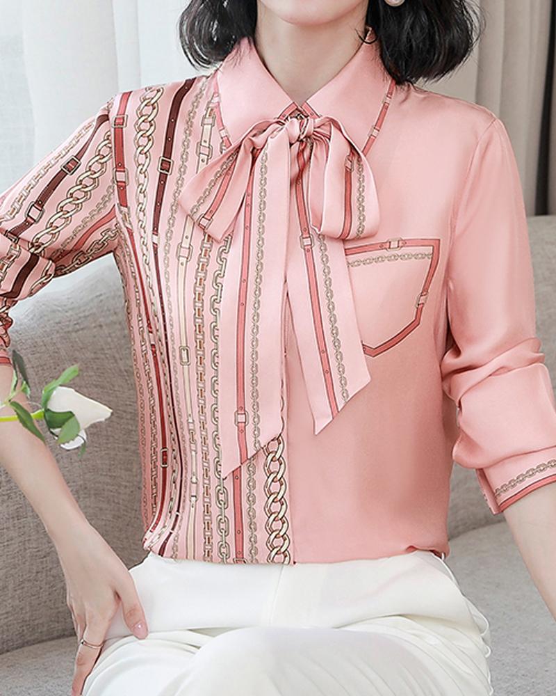 

Chain Print Tied Detail Button Down Shirt, Pink