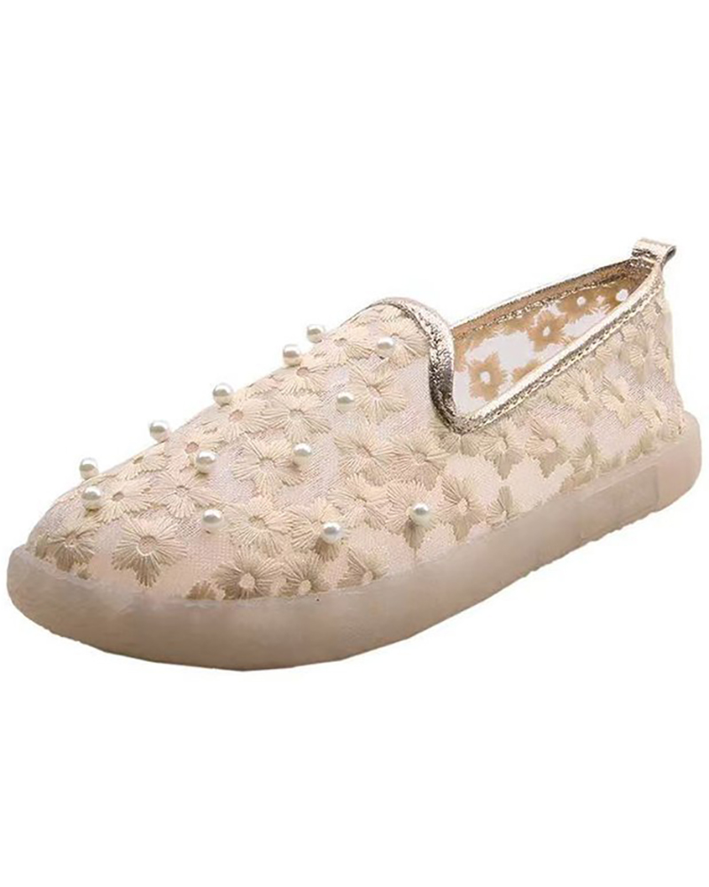 

Beaded Floral Embroidery Wedding Guest Shoes, Apricot
