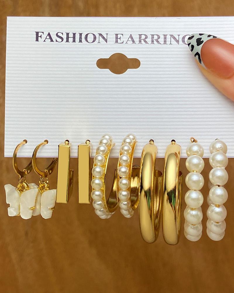 

5Pairs Butterfly Beaded Geometric Hoop Earrings Set, Gold