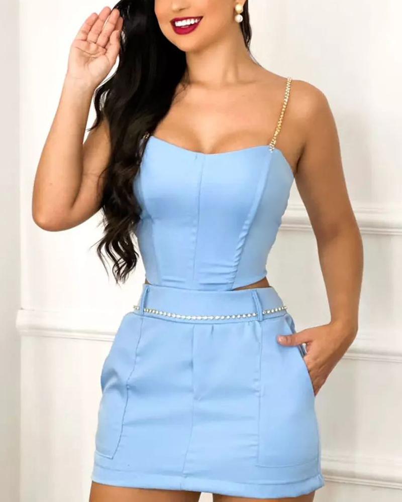 

Chain Strap Top & Pocket Design Skirt Set, Blue