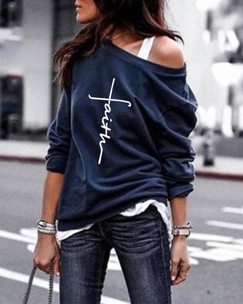 

Faith Print Long Sleeve Round Neck Sweatshirt, Dark blue