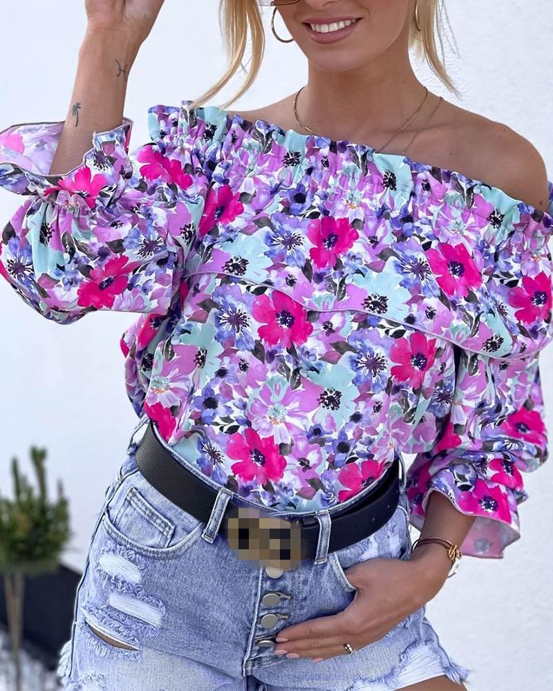 

Floral Print Off Shoulder Ruffles Shirred Top, Multicolor