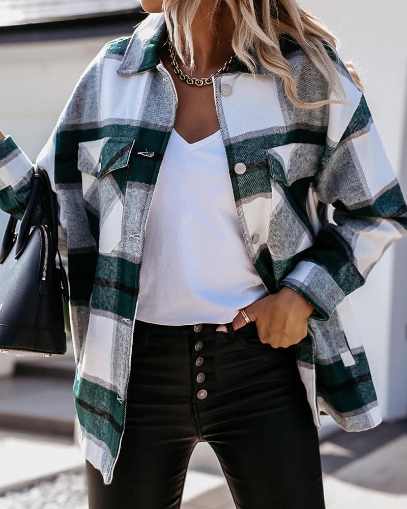 

Buttoned Pocket Design Checked Shacket Shirt, Green