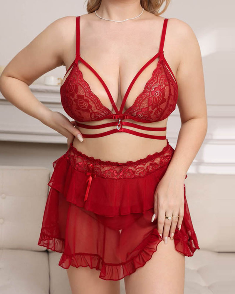 

Plus Size Bowknot Decor Ruffle Hem Lace Lingerie Set, Red