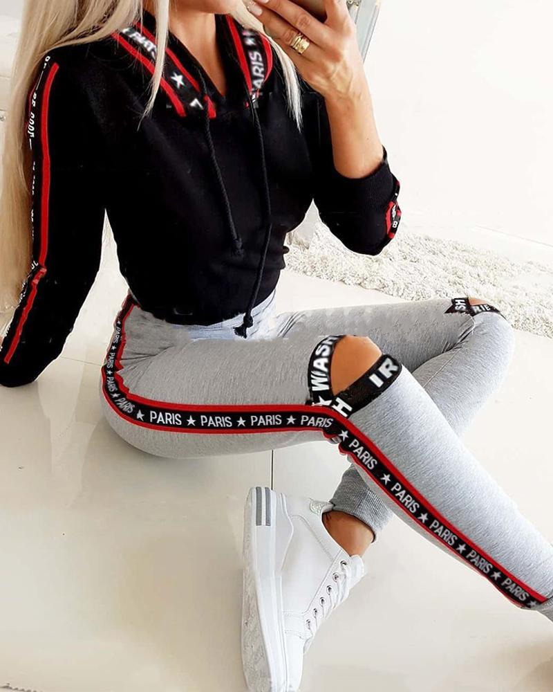 

Letter Ribbon Hooded Top & Cutout Pants Set, Black