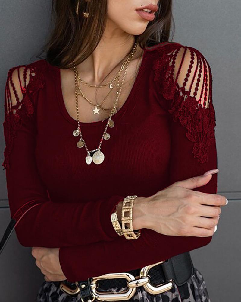 

Cold Shoulder Guipure Lace Long Sleeve Top, Wine red