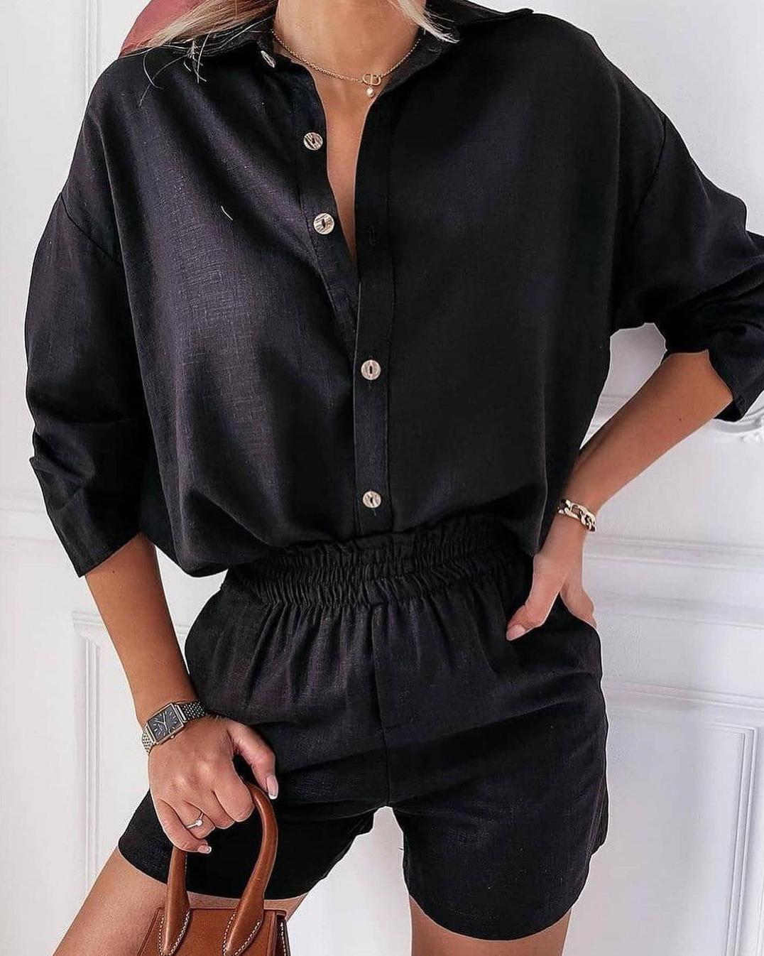 

Button Design Casual Shirt & Shirred Shorts Set, Black