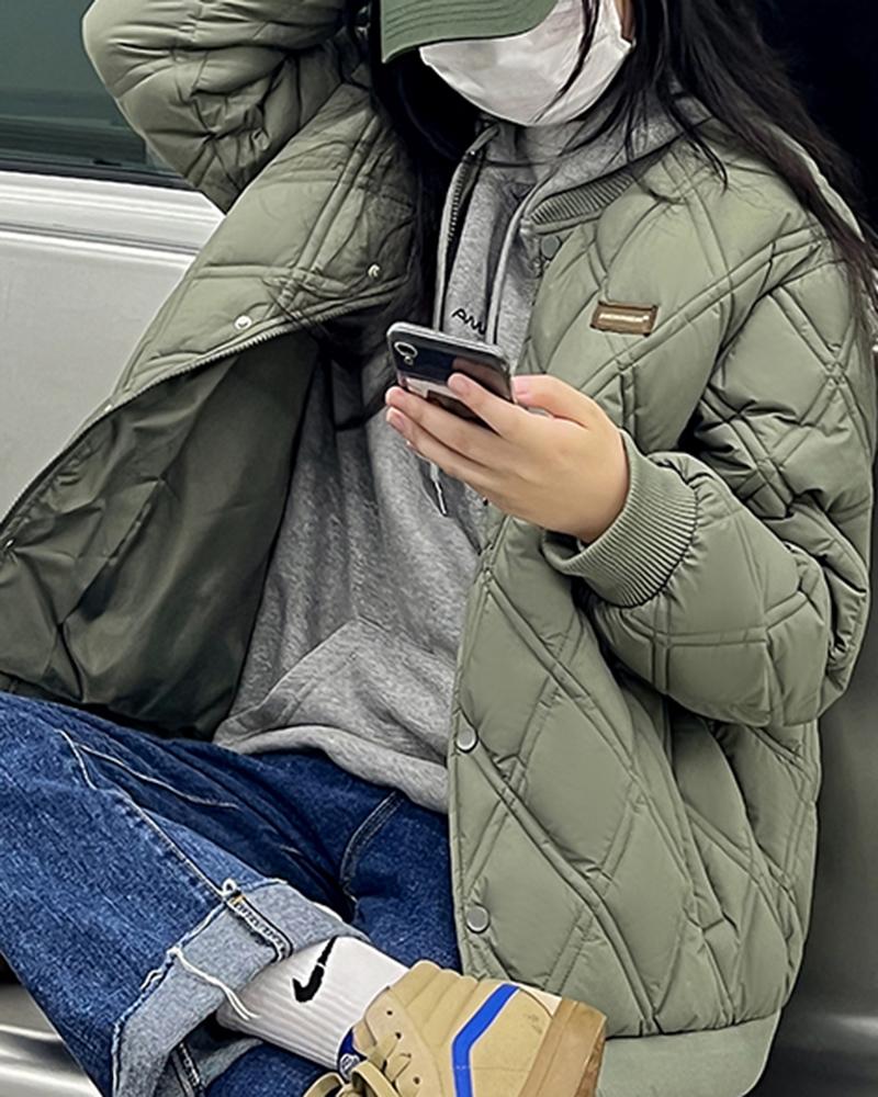 

Argyle Quilted Buttoned Puffer Baseball Coat, Army green