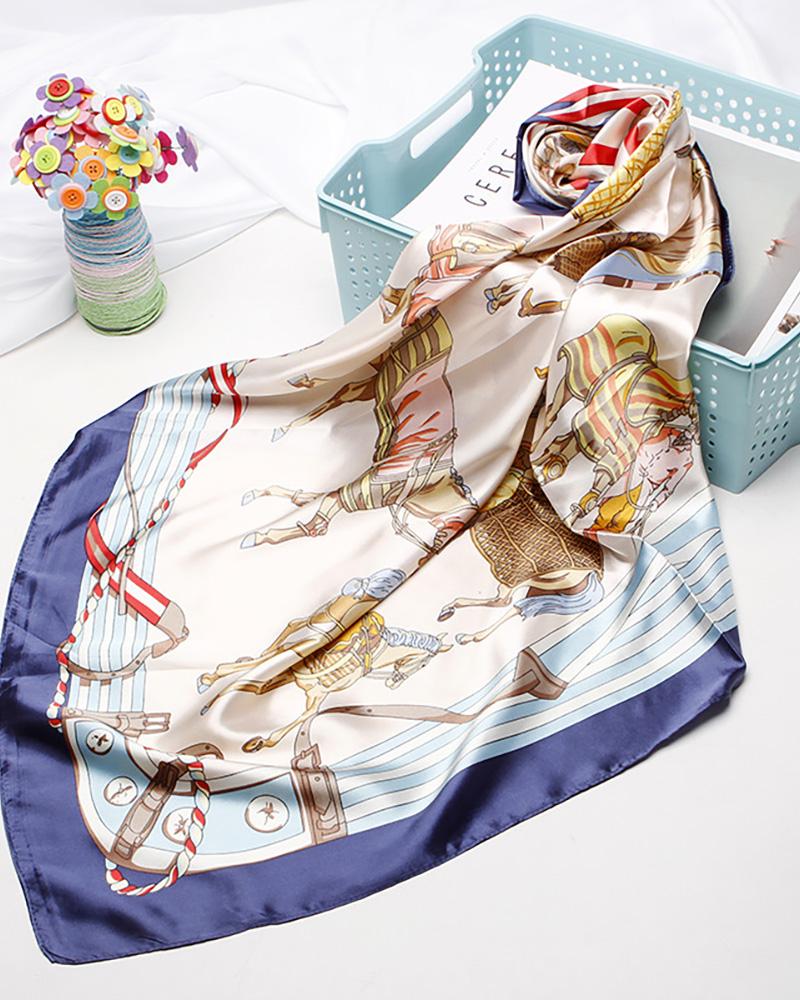 

Horses Print Square Silk Scarf, Dark blue