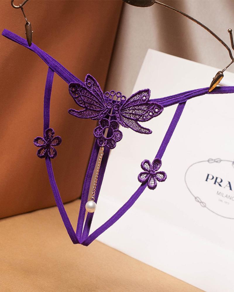 

Sexy Splicing Butterflies And Floral Embroidery Strappy Thong Panties, Purple