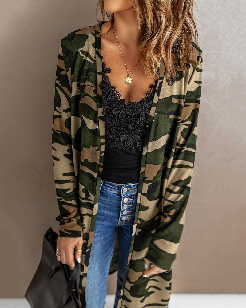 

Long Sleeve Camouflage Print Casual Cardigan, Camoflage