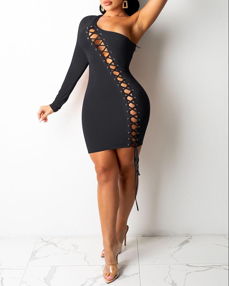 

One Shoulder Eyelet Lace Up Bodycon Dress, Black