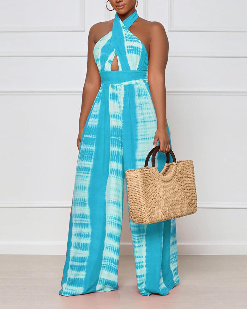 

Tie Dye Print Halter Backless High Waist Wide Leg Jumpsuit, Blue