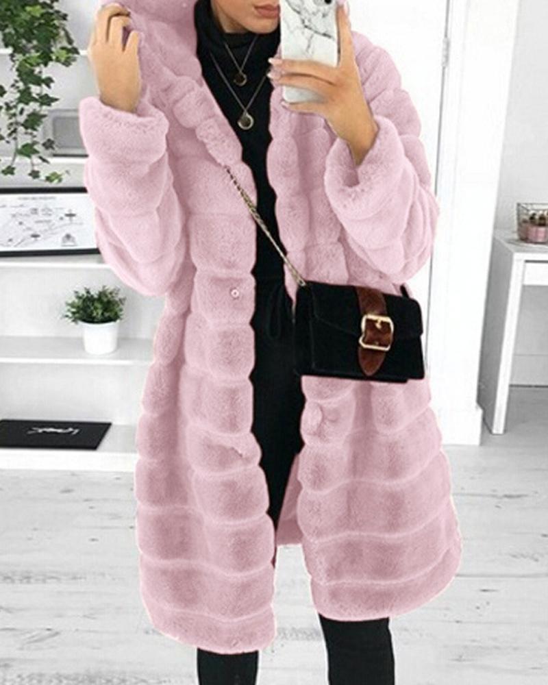 

Pocket Deign Long Sleeve Hooded Fuzzy Coat, Pink