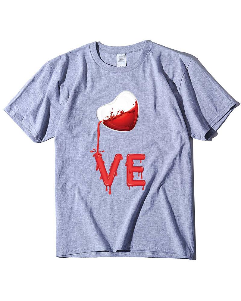 

Valentine' Day Letter Heart Print T-shirt For Women, Gray