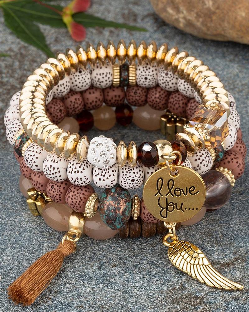 

4pcs Tassel Wing Charm Beaded Bracelet Set, Coffee