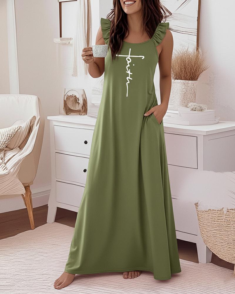 

Vestido largo informal holgado con escote en U, tirantes y volantes, sin espalda y estampado de letras Faith, Green