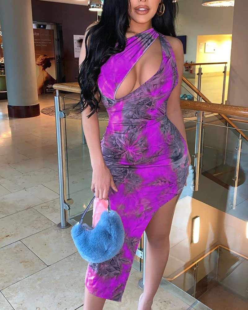 

Tie Dye Sleeveless Skinny Cut-out Slit Midi Women Dress, Purple