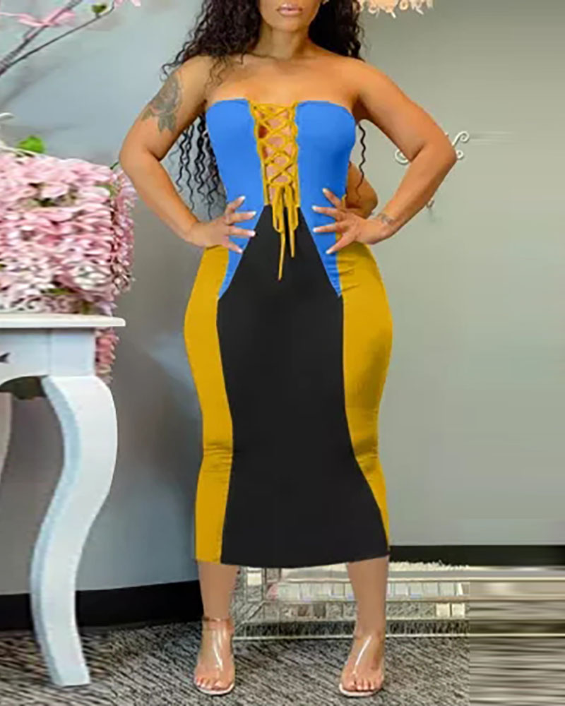 

Lace-up Colorblock Bandeau Midi Dress, Yellow