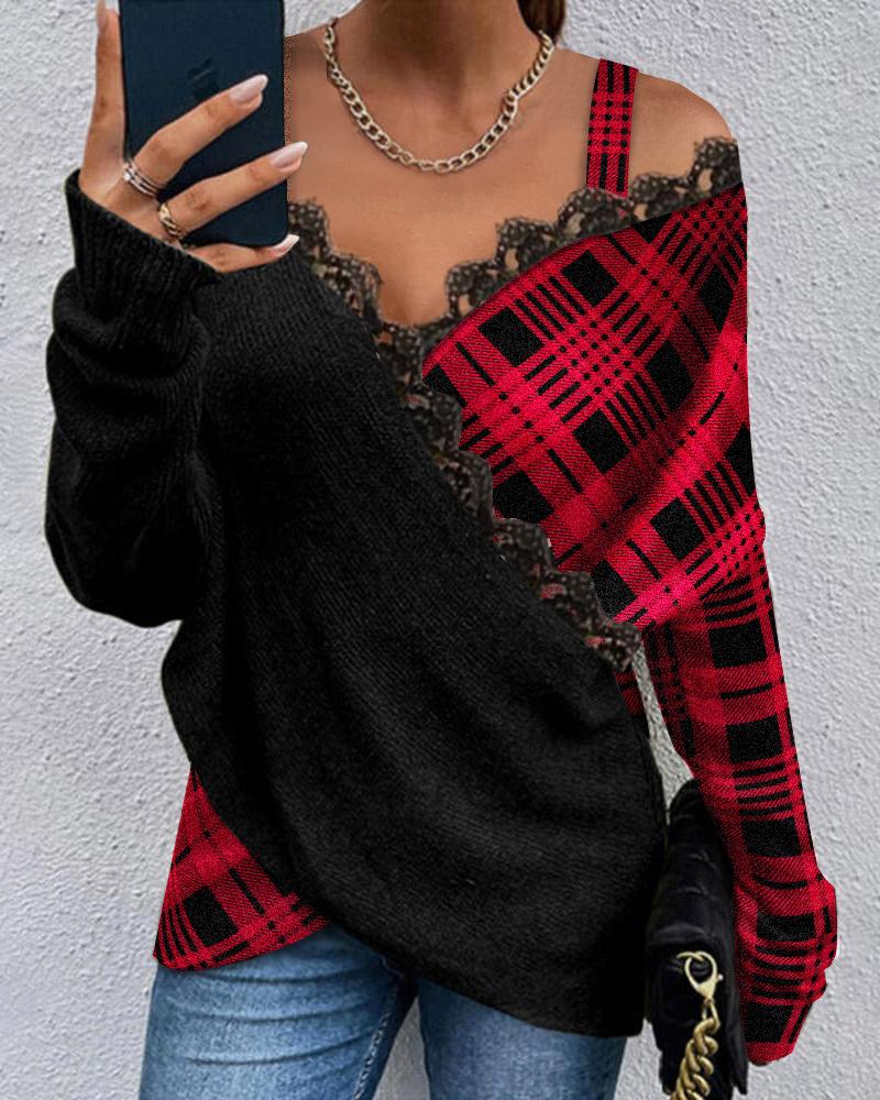 

Plaid Print Contrast Lace Cold Shoulder Wrap Top, Black