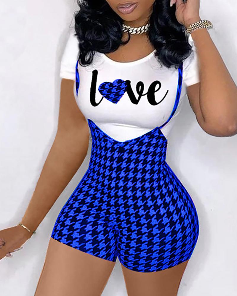 

Letter Heart Print Top & Houndstooth Print Suspender Shorts Set, Blue