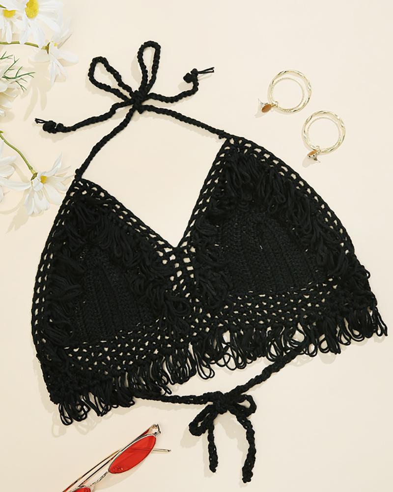 

Halter Tassel Decor Hollow Out Bikini, Black