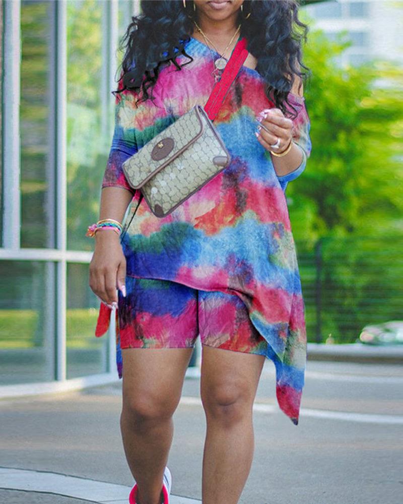 

Tie Dye Asymmetrical Top & Shorts Set, Multicolor