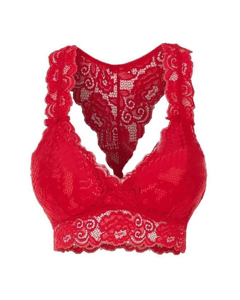 

Plain Lace Trim Bra, Red