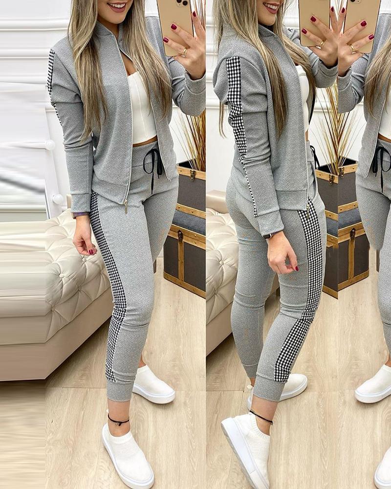 

Contrast Plaid Jacket & Drawstring Pants Set, Gray