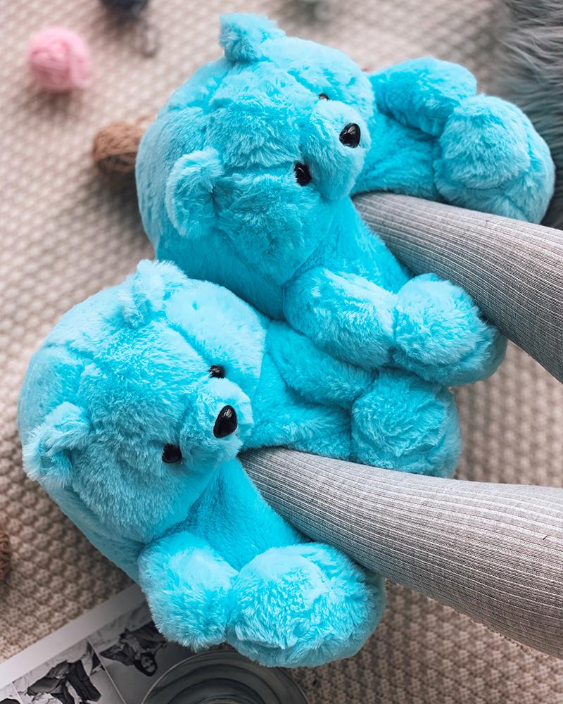 

Fluffy Plain Teddy Bear Slippers, Blue