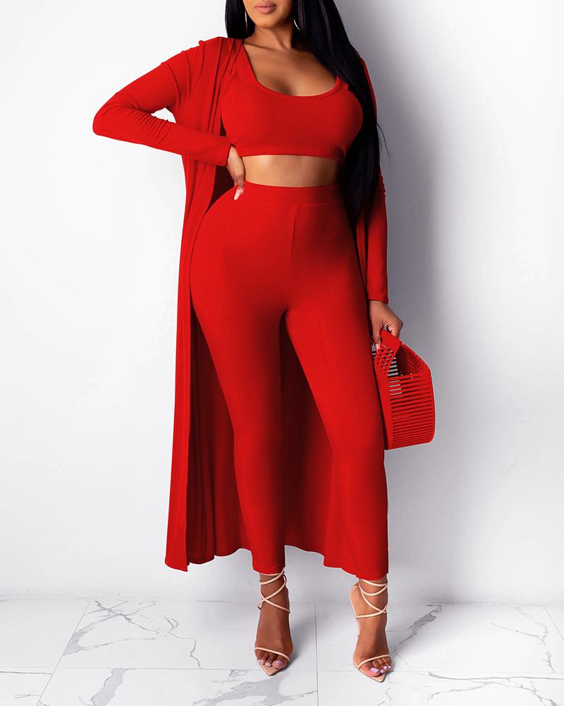 

Plain Crop Top & Longline Cardigan & High Waist Pants Set, Red