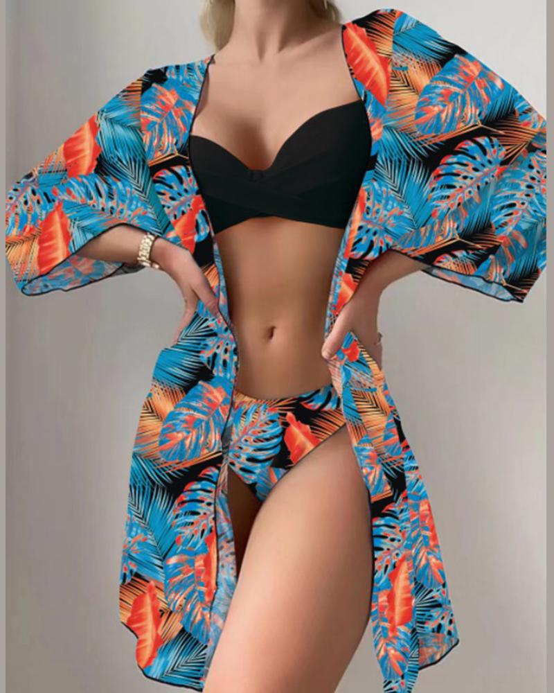 

3PCS Tropical Print Crisscross Bikini Set With Cover Up, Black