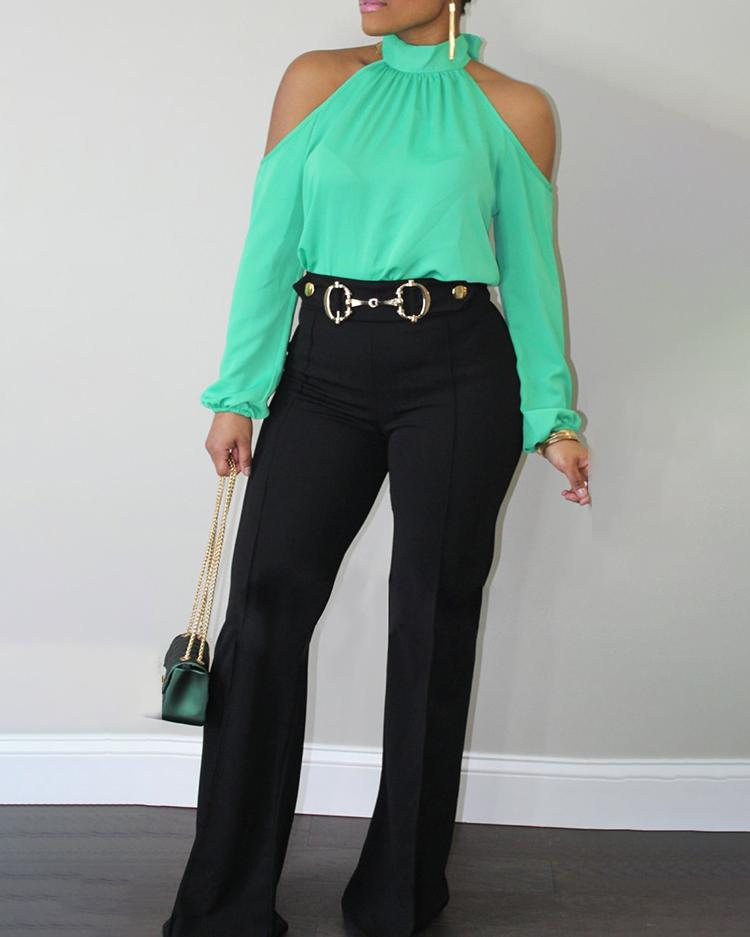 

Cold Shoulder Lantern Sleeve Casual Blouse, Green