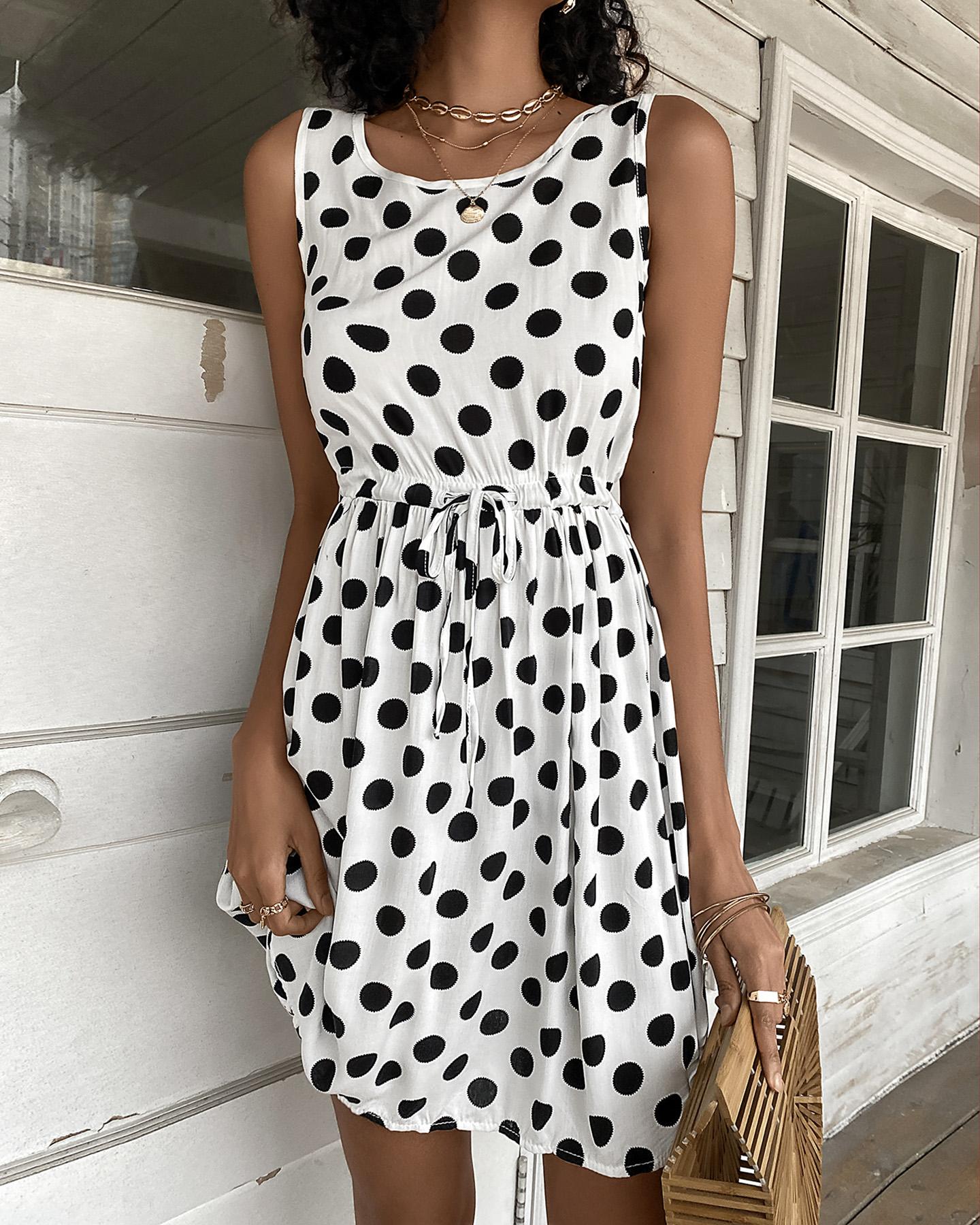 

Polkadot Print Tied Detail Casual Tank Dress, White