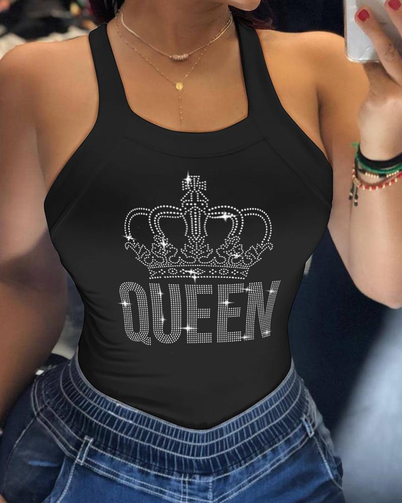 

Camiseta sin mangas con estampado de corona y letras de diamantes de imitación, Black