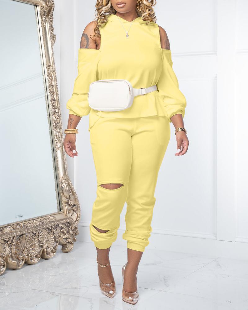 

Zipper Detail Long Sleeve Hoodie & Pants Set, Yellow