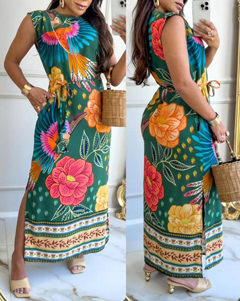 

Floral Print Round NEck Sleeveless Side Slit Tied Detail Dress Vacation Dress, Dark green