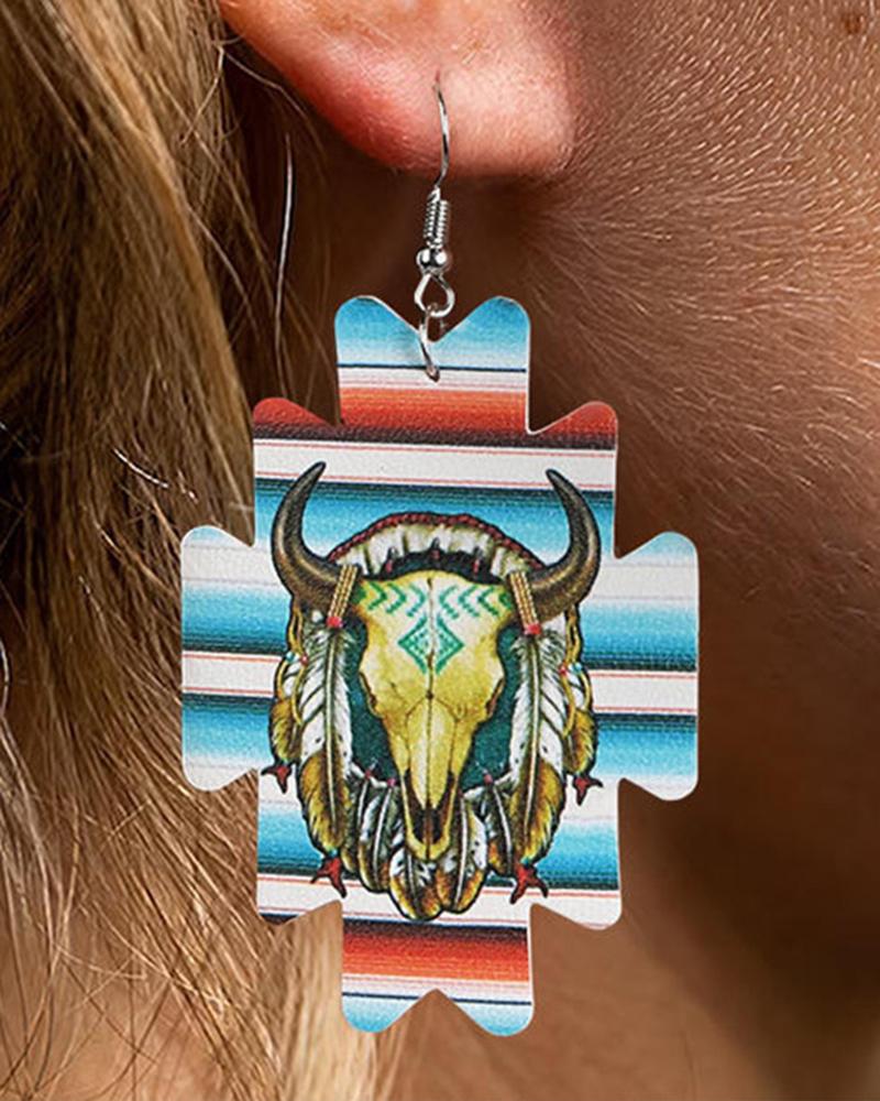 

1Pair Vintage Cowboy Geometric Ox Head Print Cowboy Style Drop Earrings, Blue