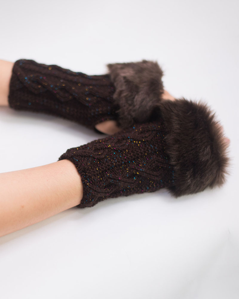 

Christmas Fuzzy Trim Fingerless Knit Gloves, Coffee