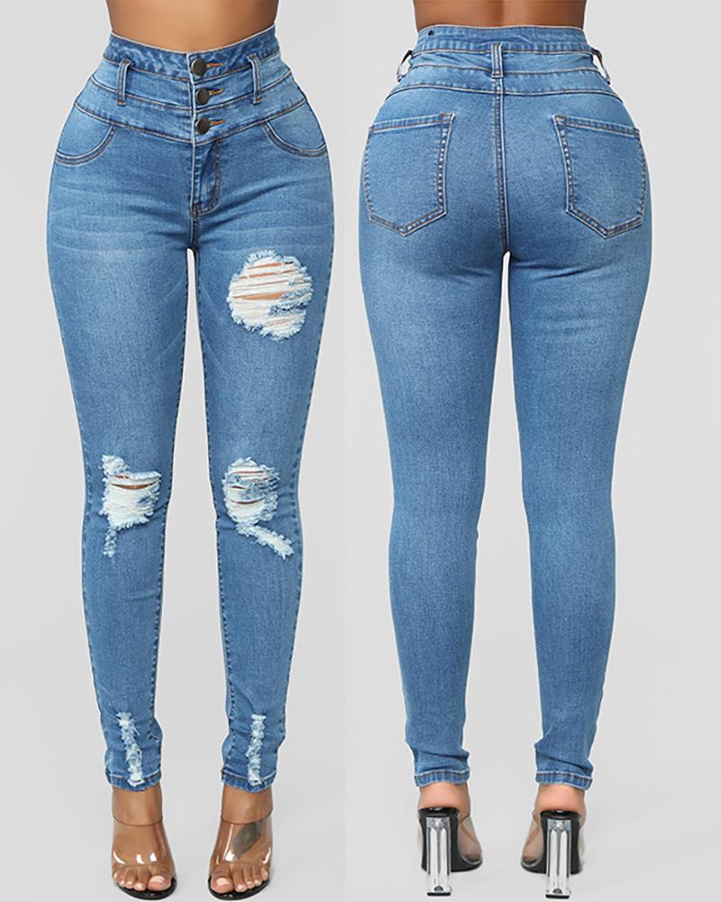 

Ripped Cutout Button Front High Waist Jeans, Blue