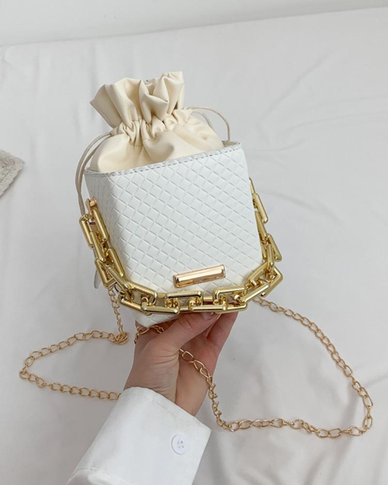 

Chain Strap Drawstring Bucket Crossbody Handbag, White