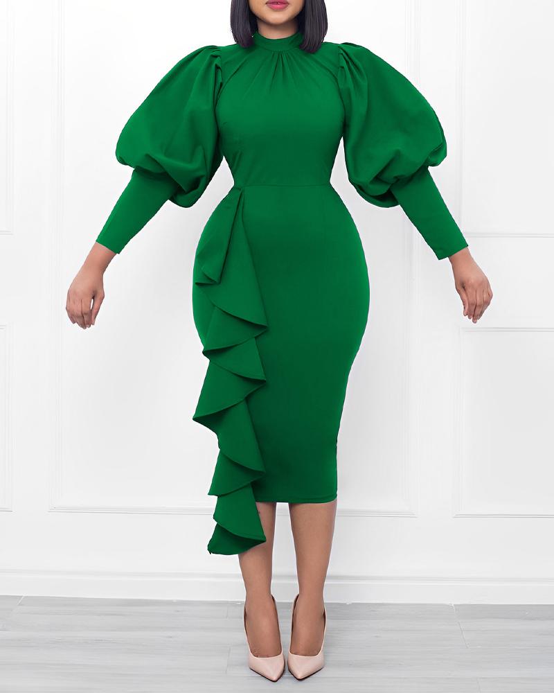 

Ruffle Detail Gigot Sleeve Party Dress, Green