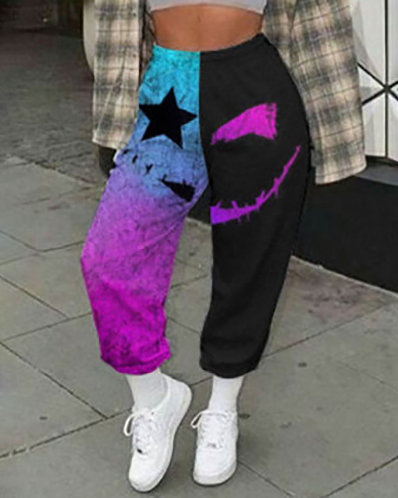 

Halloween Graphic Print Colorblock High Waist Pants, Black