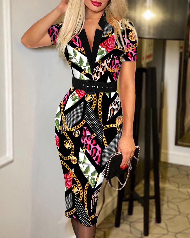 

Graphic Chain Print V-Cut Work Dress With Belt Short Sleeve Elegant Bodycon Dress Midi Dress, Black