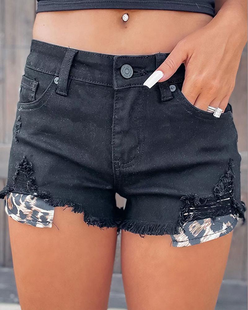 

Leopard Print Pocket Design Denim Shorts, Black