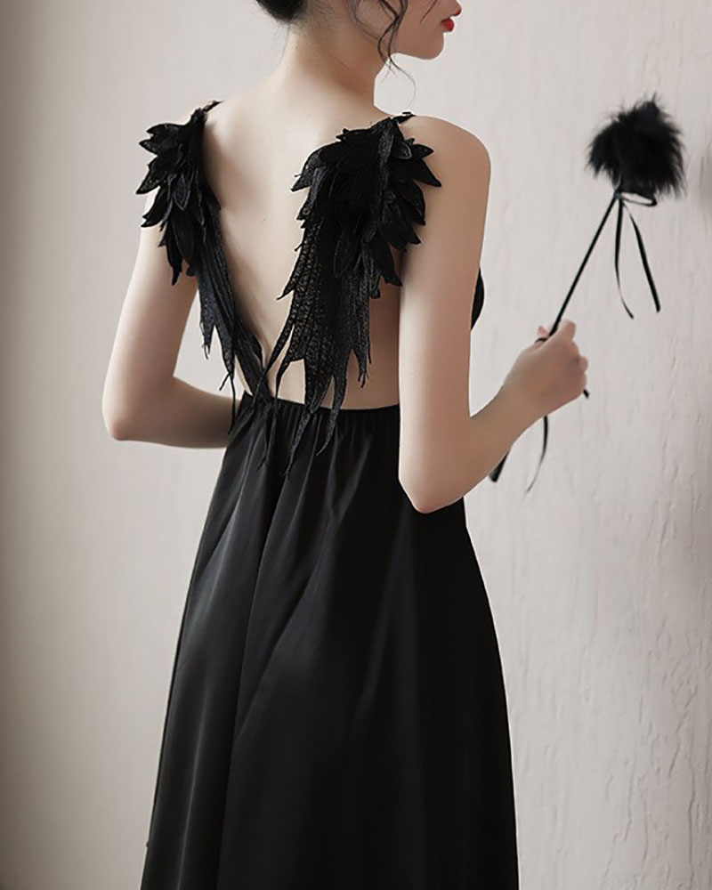 

Spaghetti Strap Wings Pattern Backless Babydoll, Black