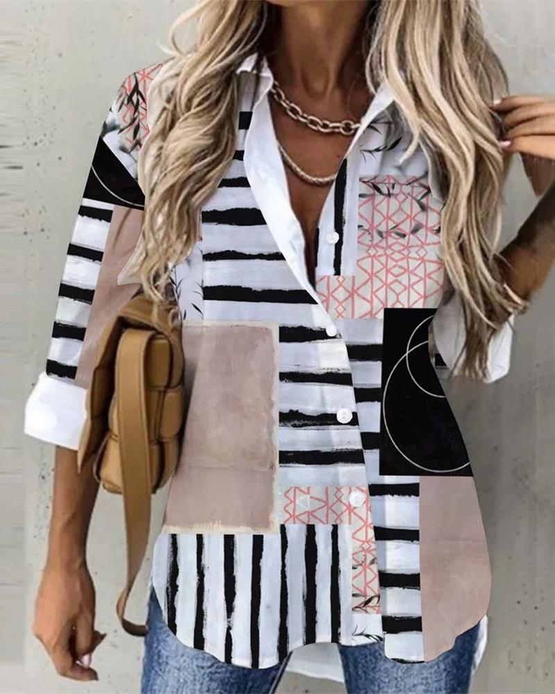 

Geometric Print Long Sleeve Button Down Shirt, White