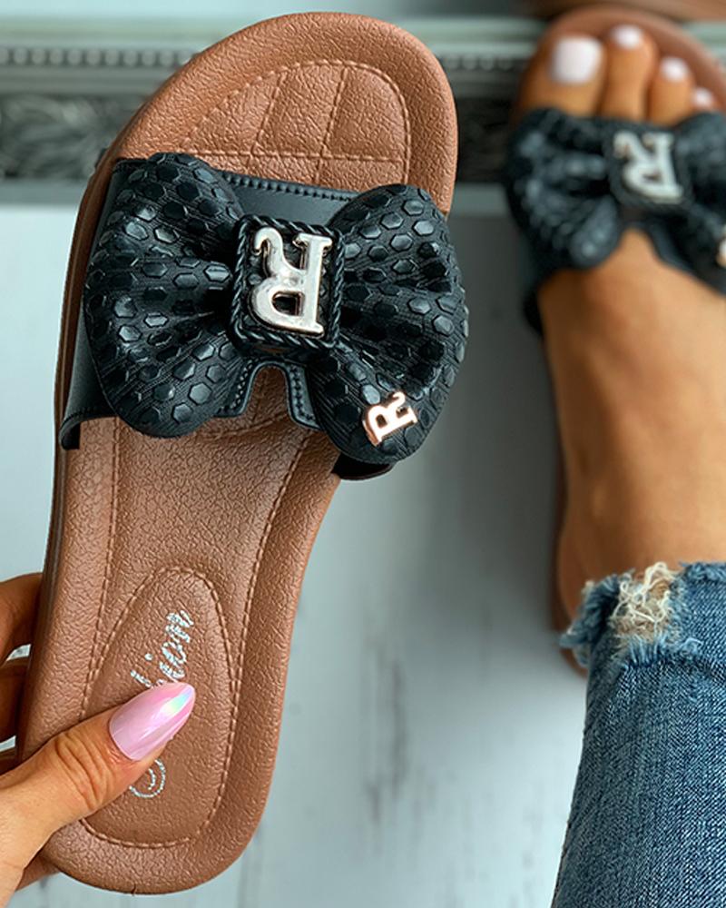 

Letter Pattern Bowknot Decor Flat Sandals, Black