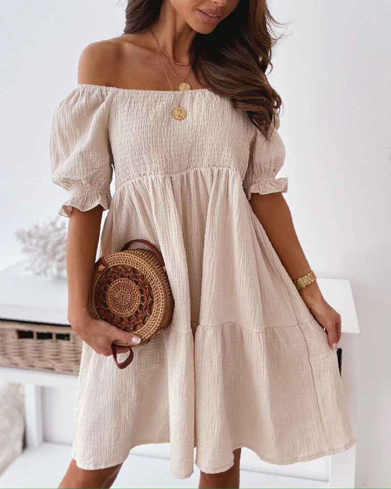 

Off Shoulder Shirred Casual Dress, Apricot