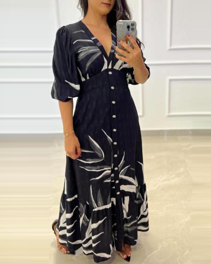 

Plants Print Buttoned Plunge Dress, Black